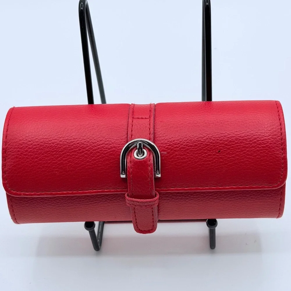 Red Faux Leather Jewely Roll Hard Shell Travel Organizer Case Velvet Interior